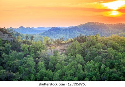 Double Arch rock formation at Red River Gorge in Kentucky at sunset