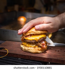 Double Bacon Cheeseburger In Kitchen 