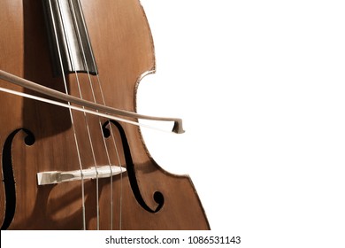 Double Bass. Contrabass With Bow Musical Instrument. Closeup Cello