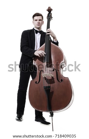 Double bass player contrabass playing. Classic musician Jazz bass isolated on white
