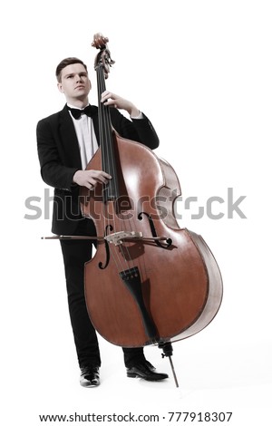 Double bass player playing contrabass Classical musician isolated on white