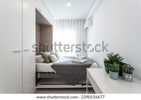 Double bed in the bright bedroom room interior furnishing furniture. Compact folding bed built into the wall with indoor flowers in the foreground.