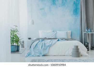 Double Bed With Pillows And Blanket Set On Blue, Ombre Wall In Modern Bedroom Interior