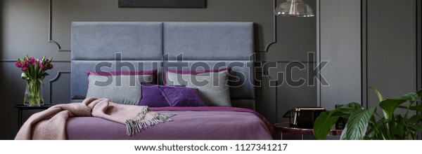 Double Bed Soft Bedhead Purple Bedclothes Stock Photo Edit