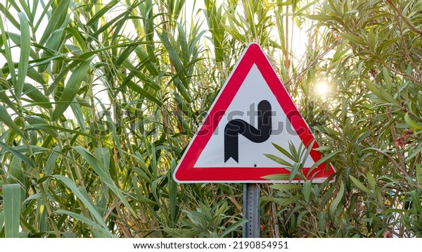 Double bend traffic sign\
among leaves