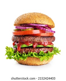 Double Burger With Vegan Meat Patty Isolated On White Background. 