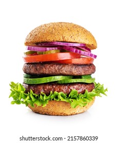 Double Burger With Vegan Meat Patty Isolated On White Background. 
