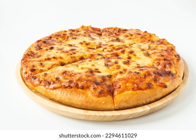 Double Cheese Pizza Freshly baked in wooden tray ready to be served on white background - Powered by Shutterstock