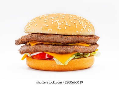 Double Cheeseburger With Meat, Lettuce, Tomato, Onion On White Background 