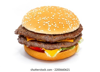 Double Cheeseburger With Meat, Lettuce, Tomato, Onion On White Background 