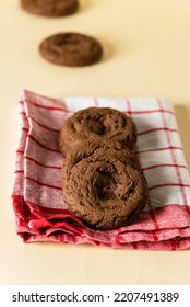 Double Chocolate Chip Cookies on Red Napkin Yellow Background Vertical - Shutterstock ID 2207491389
