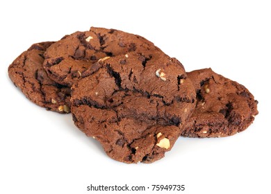 Double Chocolate Chip Fudge Cookies, Isolated On White.