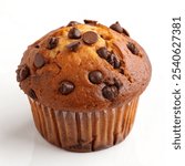 A double chocolate chip muffin isolated on a white background