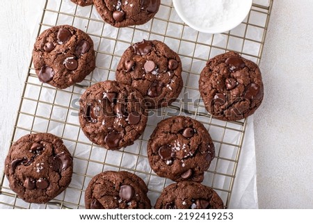 Double chocolate cookies with dark chocolate chips and salt flakes on a cooling rack