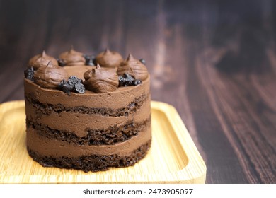 Double Chocolate Mini cake. Endless variety, easy serving, moist layers, rich frosting. A symphony of flavor in every bite. Bakery products. Belgian Dark Chocolate Cake. Moody background. copy space - Powered by Shutterstock