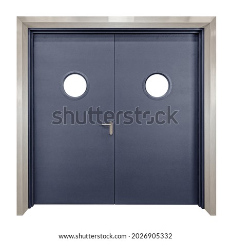 Double closed technical laboratory metal door for hospitals, schools, food production or storage facilities with round windows isolated on white background with clipping path