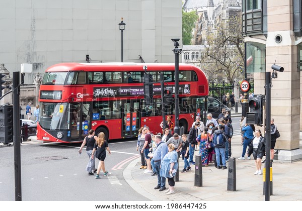 A double decker bus, red London bus. UK, London, May
29, 2021