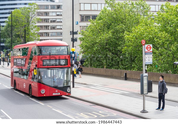 A double decker bus, red London bus. UK, London, May\
29, 2021