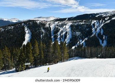 Double Diamond Trails At Ski Resort In Winter Time With Snow In The Colorado Rocky Mountains