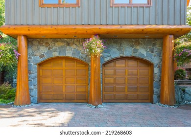 Double Door Garage In A Modern Log House In Canada