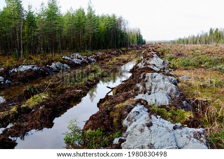 A double drainage ditch is dug at the edge of the swampy northern forest, swamp ditch. Peat deposits are underlain by blue clay from below. Clearing for a high road