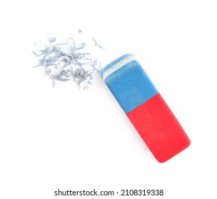 Double Eraser And Crumbs On White Background, Top View