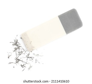 Double Eraser And Crumbs On White Background, Top View