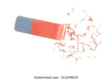 Double Eraser And Crumbs On White Background, Top View