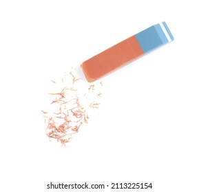 Double Eraser And Crumbs On White Background, Top View