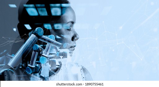 Double explosure of Factory Female Industrial manager Engineer looking at automation robot arms machine in factory industrial on real time monitoring system software.