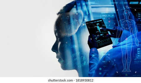 Double explosure of Medical technology concept working for Remote medicine and Electronic medical record with female doctor. - Shutterstock ID 1818930812