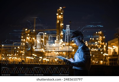 Double expose engineer wearing hard hat and using a tablet setting at oil refinery plant industrial structures at night time infographics and charts that suggest data analysis  power industry concept. - Powered by Shutterstock