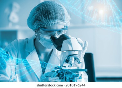 Double exposer doctor test in laboratory for treatment people is concept of fight against virus ,wearing mask ,medical hat and glasses healthy and medical concept with Dna diagram background.