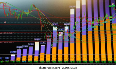 Double Exposer. Technical Price Graph, Red And Green Candlestick Chart On Stack Bar Background, Market Volatility, Panic Selling And V Shape Rebound. For Crisis Financial Stock And Economics Market.