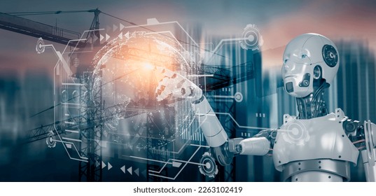 Double exposure of 3d rendering robot with digital technology interfaces icon and construction cranes background, Smart industry and digital technology and IOT software concept.