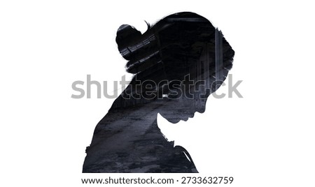 Double exposure, an abandoned building inside the silhouette of a girl. Feeling of emptiness and loneliness