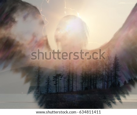 double exposure abstract art background with silhouette of angel or other mythical creature above us, guarding us,