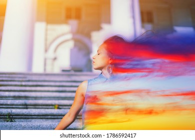 Double Exposure Abstract Art Portrait Of A Young Woman Head Profile With Closed Eyes Face, Long Hair On Wind And Sunset Clouds. Human Soul Energy, Mental Health, Power Spirit Life, Inner Peace Concept