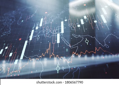 Double exposure of abstract creative financial diagram and world map on contemporary business center exterior background, banking and accounting concept