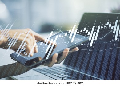 Double exposure of abstract creative financial chart with finger clicks on a digital tablet on background, research and strategy concept