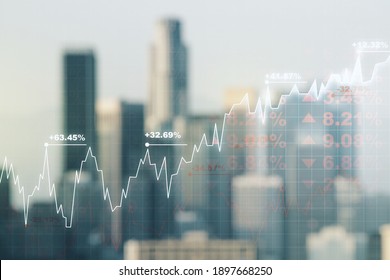 Double exposure of abstract creative financial chart hologram on blurry cityscape background, research and strategy concept - Shutterstock ID 1897668250