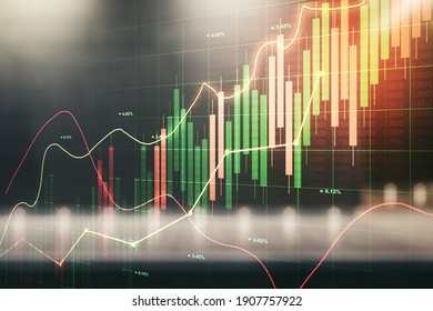 Double exposure of abstract creative financial chart hologram on modern business center exterior background, research and strategy concept