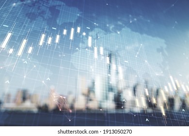 Double exposure of abstract creative financial chart hologram and world map on blurry cityscape background, research and strategy concept
