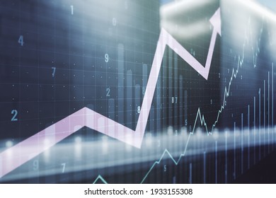 Double exposure of abstract creative financial chart and upward arrow illustration on modern business center exterior background, research and strategy concept