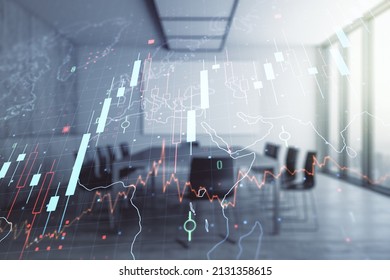 Double Exposure Of Abstract Creative Financial Diagram And World Map On A Modern Boardroom Background, Banking And Accounting Concept