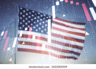 Double exposure of abstract creative financial diagram and world map on US flag and blue sky background, banking and accounting concept - Powered by Shutterstock