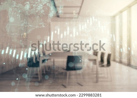 Double exposure of abstract creative financial diagram and world map on a modern boardroom background, banking and accounting concept