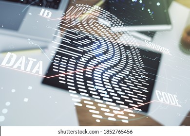 Double exposure of abstract creative fingerprint hologram and modern digital tablet on background, protection of personal information concept