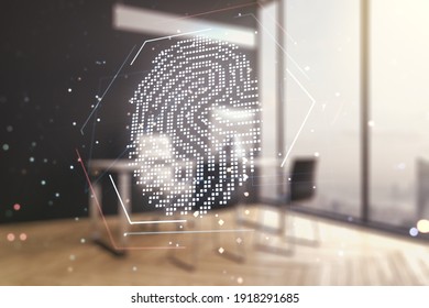 Double exposure of abstract creative fingerprint hologram and modern desktop with laptop on background, research and development concept