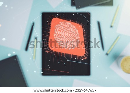 Double exposure of abstract creative fingerprint hologram and modern digital tablet on background, protection of personal information concept